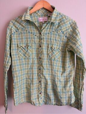Panhandle Slim western snap button down long sleeved shirt green teal metallic l